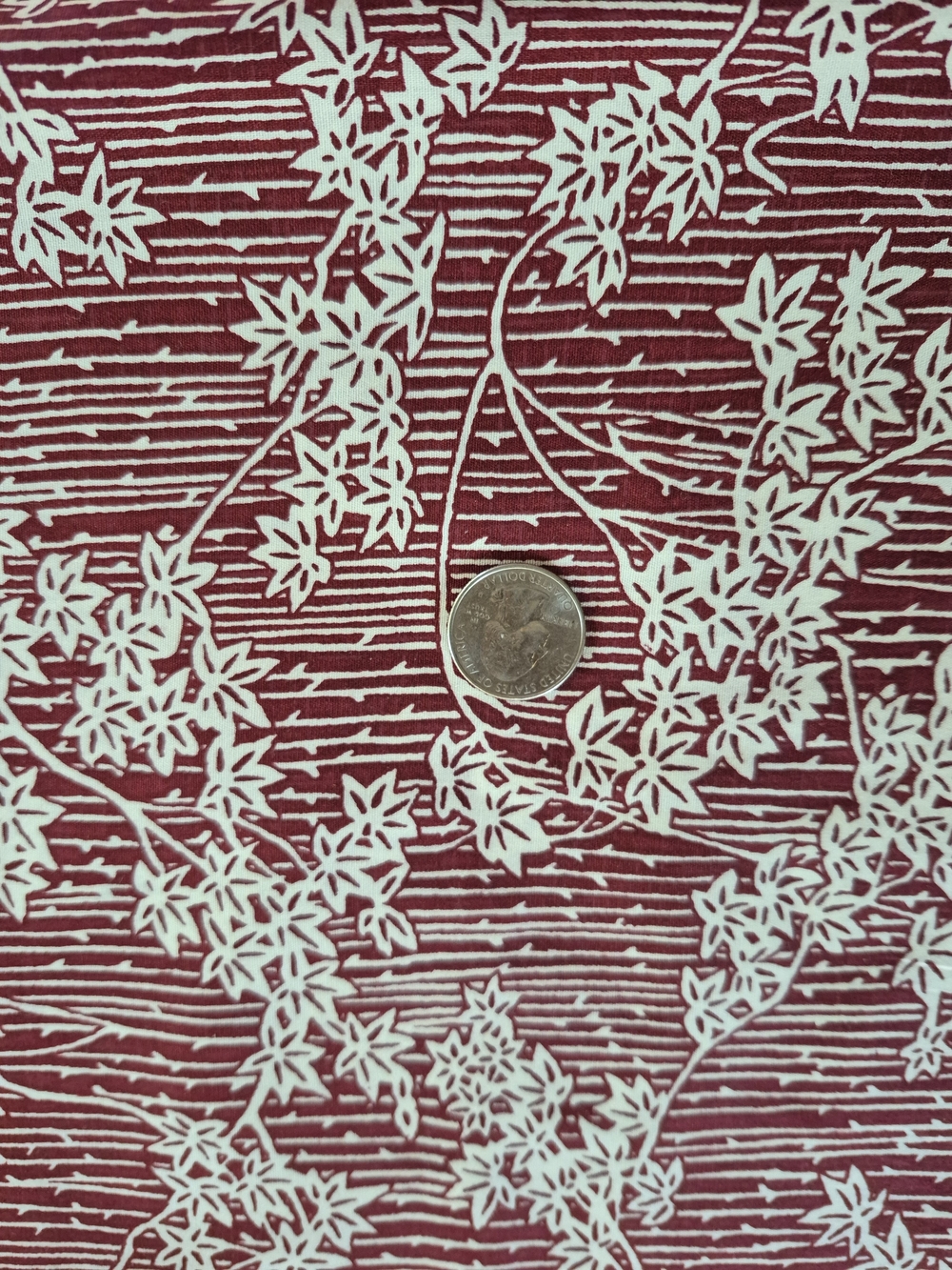 Burgundy Japanese Leaves Kasuri Cotton Fabric 1 7/8 Yards Hoffman California